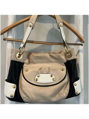 B Makowsky peddled leather color block graphic leopard interior shoulder bag